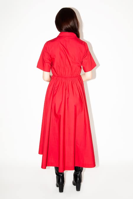 Shop_Leh Studios_Red Cotton Collared Twisted Yoke Midi Dress _at_Aza_Fashions