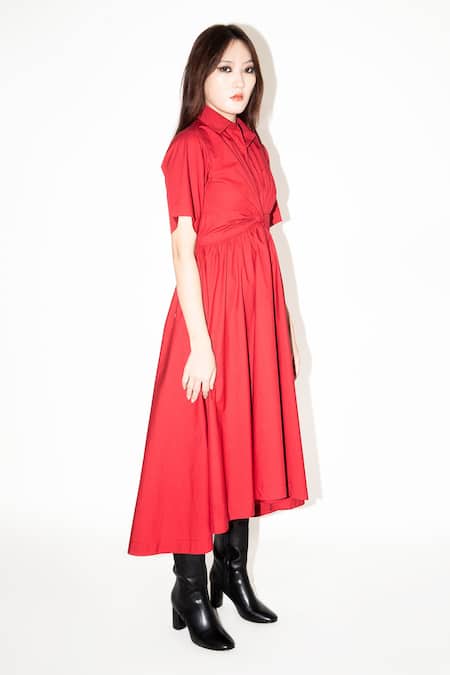 Leh Studios_Red Cotton Collared Twisted Yoke Midi Dress _Online_at_Aza_Fashions