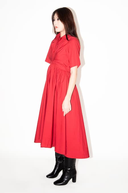 Buy_Leh Studios_Red Cotton Collared Twisted Yoke Midi Dress _Online_at_Aza_Fashions
