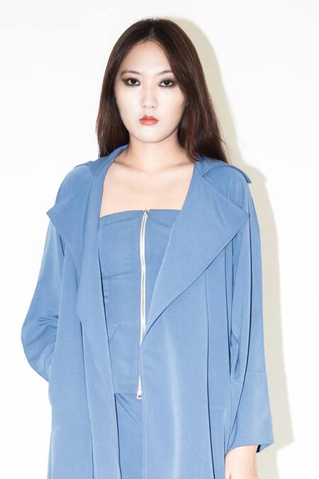 Leh Studios_Blue Viscose Azure Oversized Trench Coat _Online_at_Aza_Fashions
