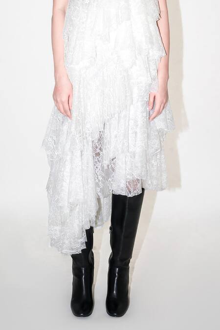 Leh Studios White Viscose Lace Asymmetric Tiered Skirt Online at Aza Fashions Leh Studios_White Viscose Lace Asymmetric Tiered Skirt _Online_at_Aza_Fashions