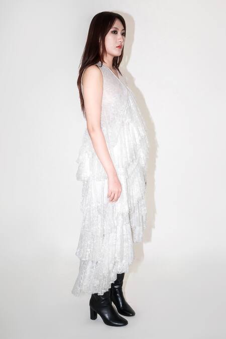 Shop Leh Studios White Viscose Lace Asymmetric Tiered Skirt Online at Aza Fashions Shop_Leh Studios_White Viscose Lace Asymmetric Tiered Skirt _Online_at_Aza_Fashions