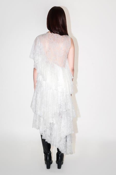 Shop Leh Studios White Viscose Lace Asymmetric Tiered Skirt at Aza Fashions Shop_Leh Studios_White Viscose Lace Asymmetric Tiered Skirt _at_Aza_Fashions