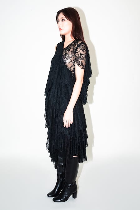 Buy Leh Studios Black Viscose Lace V-neck Asymmetric Tiered Top Online at Aza Fashions Buy_Leh Studios_Black Viscose Lace V-neck Asymmetric Tiered Top _Online_at_Aza_Fashions