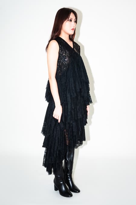 Shop Leh Studios Black Viscose Lace V-neck Asymmetric Tiered Top Online at Aza Fashions Shop_Leh Studios_Black Viscose Lace V-neck Asymmetric Tiered Top _Online_at_Aza_Fashions