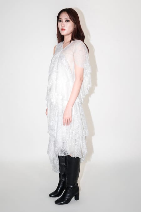 Buy Leh Studios White Viscose Lace V-neck Asymmetric Top Online at Aza Fashions Buy_Leh Studios_White Viscose Lace V-neck Asymmetric Top _Online_at_Aza_Fashions