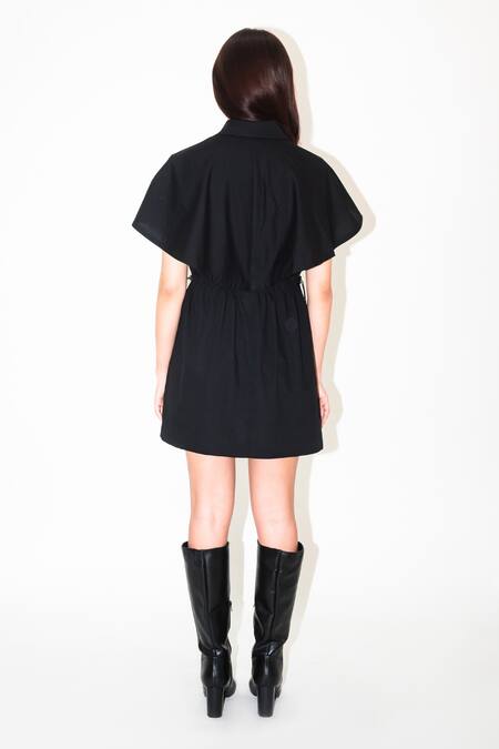 Shop_Leh Studios_Black Cotton Collared Capri Cape Sleeve Dress _at_Aza_Fashions