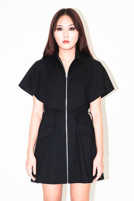 Leh Studios_Black Cotton Collared Capri Cape Sleeve Dress _Online_at_Aza_Fashions