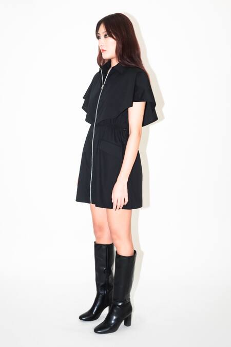Buy_Leh Studios_Black Cotton Collared Capri Cape Sleeve Dress _Online_at_Aza_Fashions