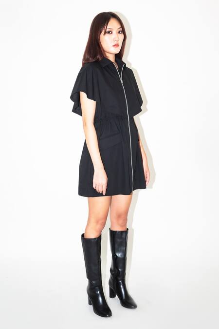 Shop_Leh Studios_Black Cotton Collared Capri Cape Sleeve Dress _Online_at_Aza_Fashions