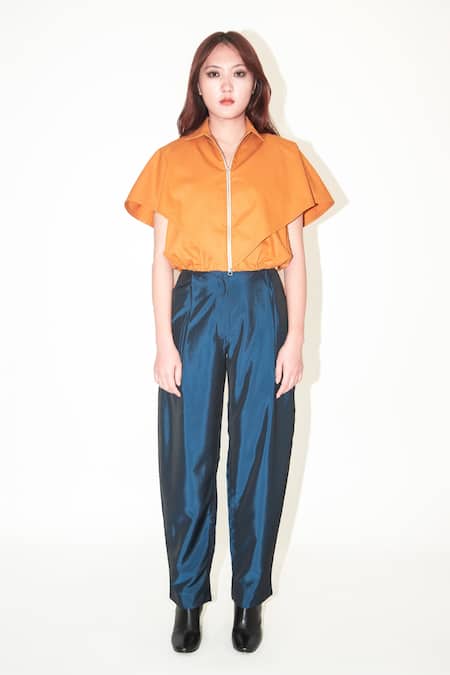 Leh Studios Orange Cotton Collared Rust Cape Sleeve Top Online at Aza Fashions Leh Studios_Orange Cotton Collared Rust Cape Sleeve Top _Online_at_Aza_Fashions