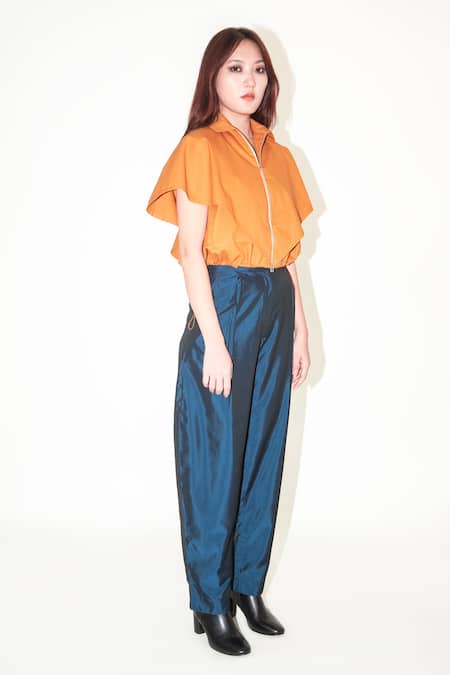 Shop Leh Studios Orange Cotton Collared Rust Cape Sleeve Top Online at Aza Fashions Shop_Leh Studios_Orange Cotton Collared Rust Cape Sleeve Top _Online_at_Aza_Fashions