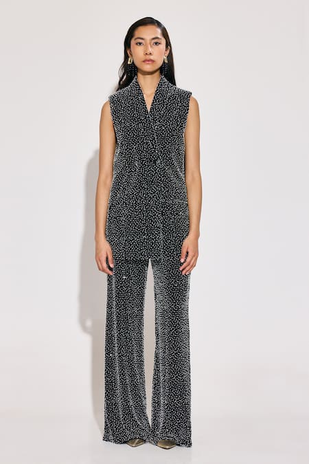 TWINKLE HANSPAL Black Georgette Sequins Embellished Blazer And Wide Leg Pant Set 