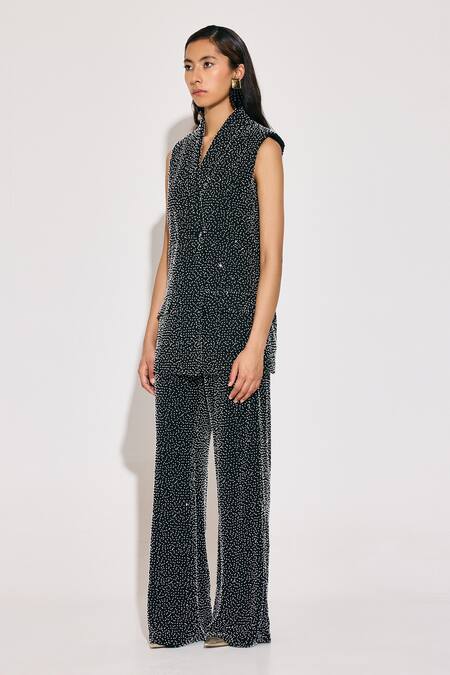 Shop_Twinkle Hanspal_Black Georgette Sequins Embellished Blazer And Wide Leg Pant Set_Online_at_Aza_Fashions
