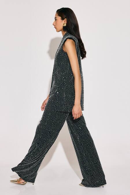 Twinkle Hanspal_Black Georgette Sequins Embellished Blazer And Wide Leg Pant Set_at_Aza_Fashions