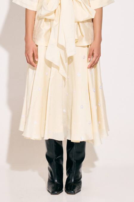 Twinkle Hanspal_Ivory Chanderi Embroidery Collared Tie Up Shirt And Bloom Midi Skirt_Online_at_Aza_Fashions