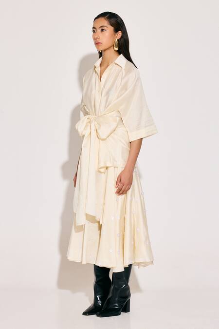 Buy_Twinkle Hanspal_Ivory Chanderi Embroidery Collared Tie Up Shirt And Bloom Midi Skirt_Online_at_Aza_Fashions
