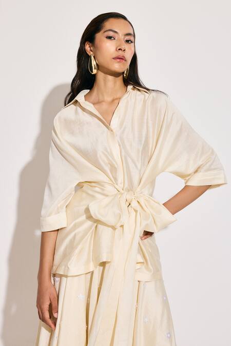 Shop_Twinkle Hanspal_Ivory Chanderi Embroidery Collared Tie Up Shirt And Bloom Midi Skirt_Online_at_Aza_Fashions