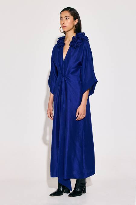 Twinkle Hanspal Blue Silk Round Neck Ruffled V Solid Kaftan Online at Aza Fashions Twinkle Hanspal_Blue Silk Round Neck Ruffled V Solid Kaftan_Online_at_Aza_Fashions