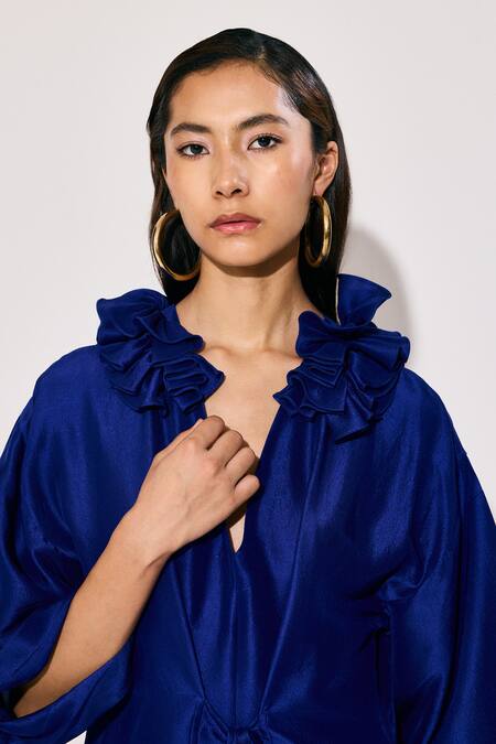 Buy Twinkle Hanspal Blue Silk Round Neck Ruffled V Solid Kaftan Online at Aza Fashions Buy_Twinkle Hanspal_Blue Silk Round Neck Ruffled V Solid Kaftan_Online_at_Aza_Fashions