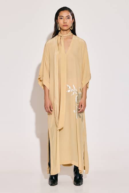 TWINKLE HANSPAL Beige Crepe Print Foil Tie-up Neck Bloom Kaftan 