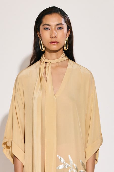 Twinkle Hanspal_Beige Crepe Foil Printing Turtle Neck Bloom Kaftan_Online_at_Aza_Fashions