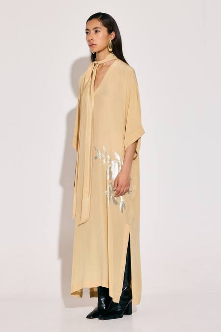 Buy_Twinkle Hanspal_Beige Crepe Foil Printing Turtle Neck Bloom Kaftan_Online_at_Aza_Fashions