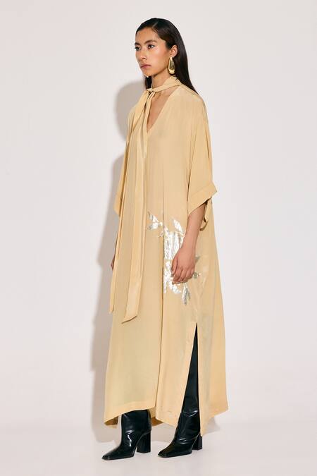 Shop_Twinkle Hanspal_Beige Crepe Foil Printing Turtle Neck Bloom Kaftan_Online_at_Aza_Fashions