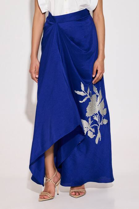 Twinkle Hanspal White Cotton, Poplin, Silk Embroidery Collared Boxy Shirt And Floral Draped Skirt Online at Aza Fashions Twinkle Hanspal_White Cotton, Poplin, Silk Embroidery Collared Boxy Shirt And Floral Draped Skirt_Online_at_Aza_Fashions