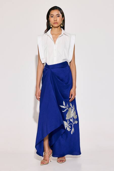 Buy Twinkle Hanspal White Cotton, Poplin, Silk Embroidery Collared Boxy Shirt And Floral Draped Skirt Online at Aza Fashions Buy_Twinkle Hanspal_White Cotton, Poplin, Silk Embroidery Collared Boxy Shirt And Floral Draped Skirt_Online_at_Aza_Fashions