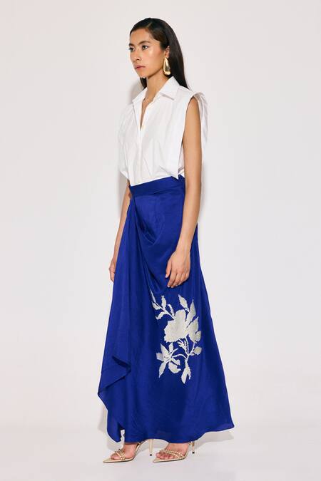 Shop Twinkle Hanspal White Cotton, Poplin, Silk Embroidery Collared Boxy Shirt And Floral Draped Skirt Online at Aza Fashions Shop_Twinkle Hanspal_White Cotton, Poplin, Silk Embroidery Collared Boxy Shirt And Floral Draped Skirt_Online_at_Aza_Fashions