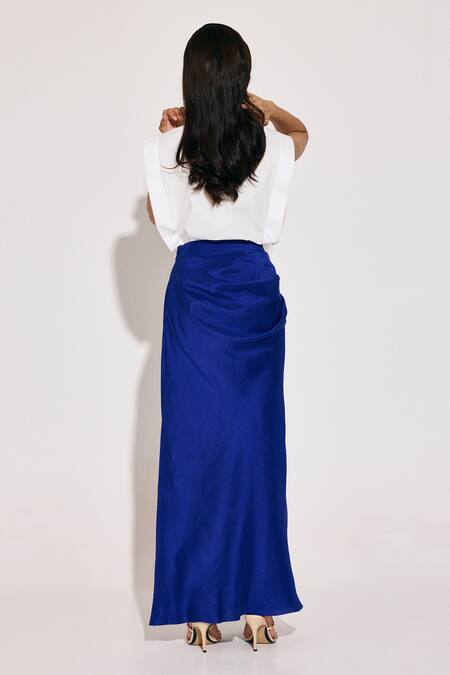 Shop Twinkle Hanspal White Cotton, Poplin, Silk Embroidery Collared Boxy Shirt And Floral Draped Skirt at Aza Fashions Shop_Twinkle Hanspal_White Cotton, Poplin, Silk Embroidery Collared Boxy Shirt And Floral Draped Skirt_at_Aza_Fashions