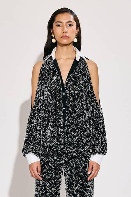 Twinkle Hanspal_Black Georgette Sequins Collared Embellished Cold Shoulder Shirt And Pant Set_Online_at_Aza_Fashions