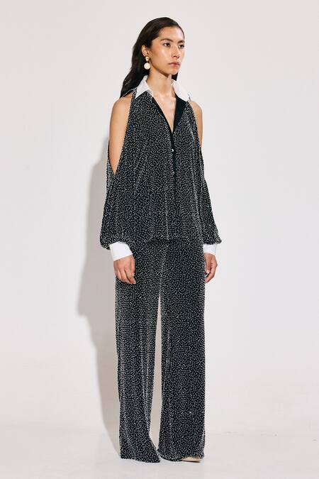 Shop_Twinkle Hanspal_Black Georgette Sequins Collared Embellished Cold Shoulder Shirt And Pant Set_Online_at_Aza_Fashions
