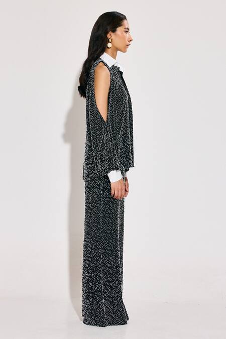 Twinkle Hanspal_Black Georgette Sequins Collared Embellished Cold Shoulder Shirt And Pant Set_at_Aza_Fashions