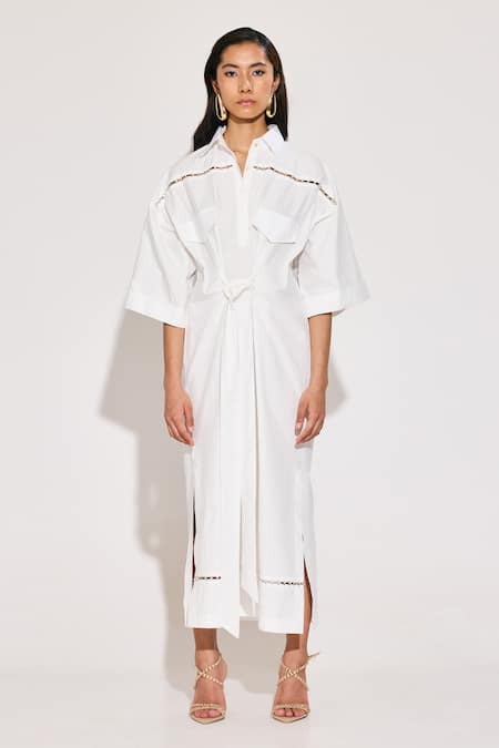 TWINKLE HANSPAL White Poplin Collared Embroidered Detail Boxy Kaftan 