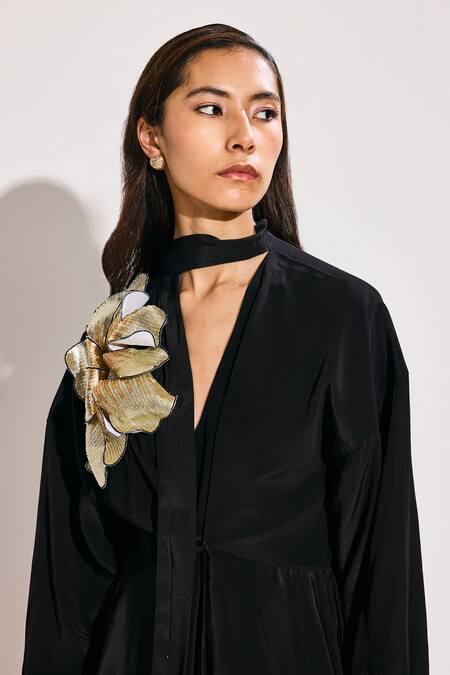 Shop_Twinkle Hanspal_Black Crepe Embroidery V-neck 3d Bloom Embellished Midi Dress_Online_at_Aza_Fashions