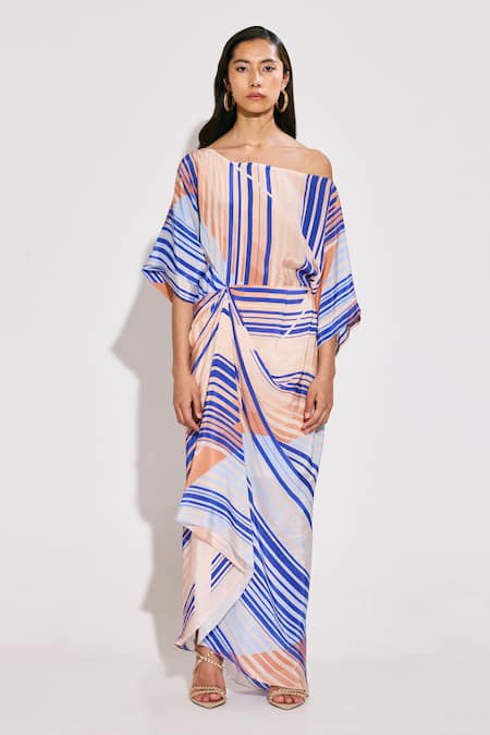 TWINKLE HANSPAL Blue Crepe Print Abstract Stripe One Shoulder Neck Draped Maxi Dress 