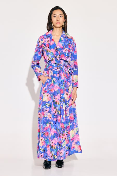 TWINKLE HANSPAL Multi Color Crepe Calico Print Trench Coat 