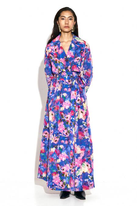 Twinkle Hanspal_Multi Color Crepe Calico Print Trench Coat_Online_at_Aza_Fashions