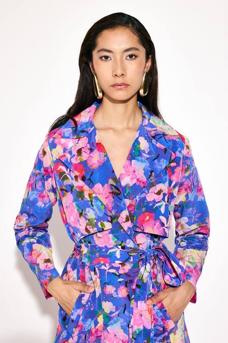 Buy_Twinkle Hanspal_Multi Color Crepe Calico Print Trench Coat_Online_at_Aza_Fashions
