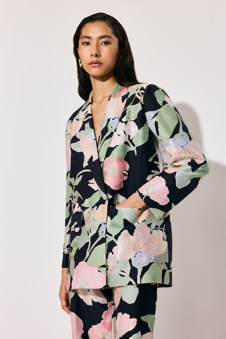 Buy Twinkle Hanspal Multi Color Chanderi Fern Print Blazer And Pant Set Online at Aza Fashions Buy_Twinkle Hanspal_Multi Color Chanderi Fern Print Blazer And Pant Set_Online_at_Aza_Fashions