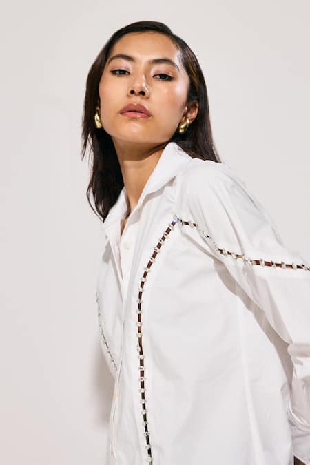 Buy_Twinkle Hanspal_White Poplin Embroidery Collared Hand Shirt _Online_at_Aza_Fashions