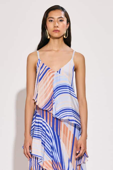 Twinkle Hanspal Blue Crepe Sweetheart Neck Sailor Print Ruffle Panel Maxi Dress Online at Aza Fashions Twinkle Hanspal_Blue Crepe Sweetheart Neck Sailor Print Ruffle Panel Maxi Dress_Online_at_Aza_Fashions