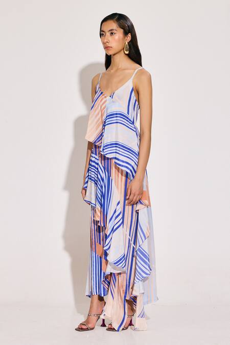 Buy Twinkle Hanspal Blue Crepe Sweetheart Neck Sailor Print Ruffle Panel Maxi Dress Online at Aza Fashions Buy_Twinkle Hanspal_Blue Crepe Sweetheart Neck Sailor Print Ruffle Panel Maxi Dress_Online_at_Aza_Fashions