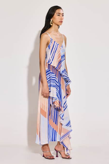 Shop Twinkle Hanspal Blue Crepe Sweetheart Neck Sailor Print Ruffle Panel Maxi Dress Online at Aza Fashions Shop_Twinkle Hanspal_Blue Crepe Sweetheart Neck Sailor Print Ruffle Panel Maxi Dress_Online_at_Aza_Fashions