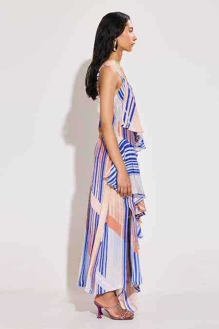 Twinkle Hanspal Blue Crepe Sweetheart Neck Sailor Print Ruffle Panel Maxi Dress at Aza Fashions Twinkle Hanspal_Blue Crepe Sweetheart Neck Sailor Print Ruffle Panel Maxi Dress_at_Aza_Fashions