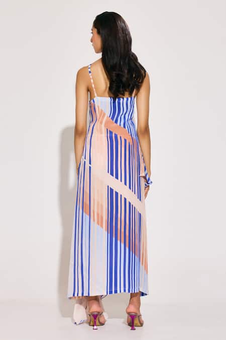 Shop Twinkle Hanspal Blue Crepe Sweetheart Neck Sailor Print Ruffle Panel Maxi Dress at Aza Fashions Shop_Twinkle Hanspal_Blue Crepe Sweetheart Neck Sailor Print Ruffle Panel Maxi Dress_at_Aza_Fashions