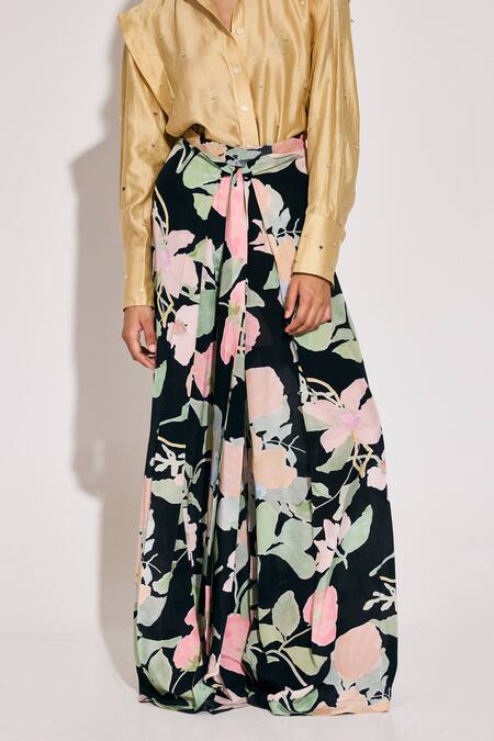 Shop Twinkle Hanspal Multi Color Crepe Fern Print Draped Pant at Aza Fashions Shop_Twinkle Hanspal_Multi Color Crepe Fern Print Draped Pant_at_Aza_Fashions