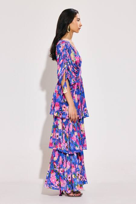 Twinkle Hanspal Multi Color Crepe V-neck Bloom Calico Print Tiered Maxi Dress Online at Aza Fashions Twinkle Hanspal_Multi Color Crepe V-neck Bloom Calico Print Tiered Maxi Dress_Online_at_Aza_Fashions